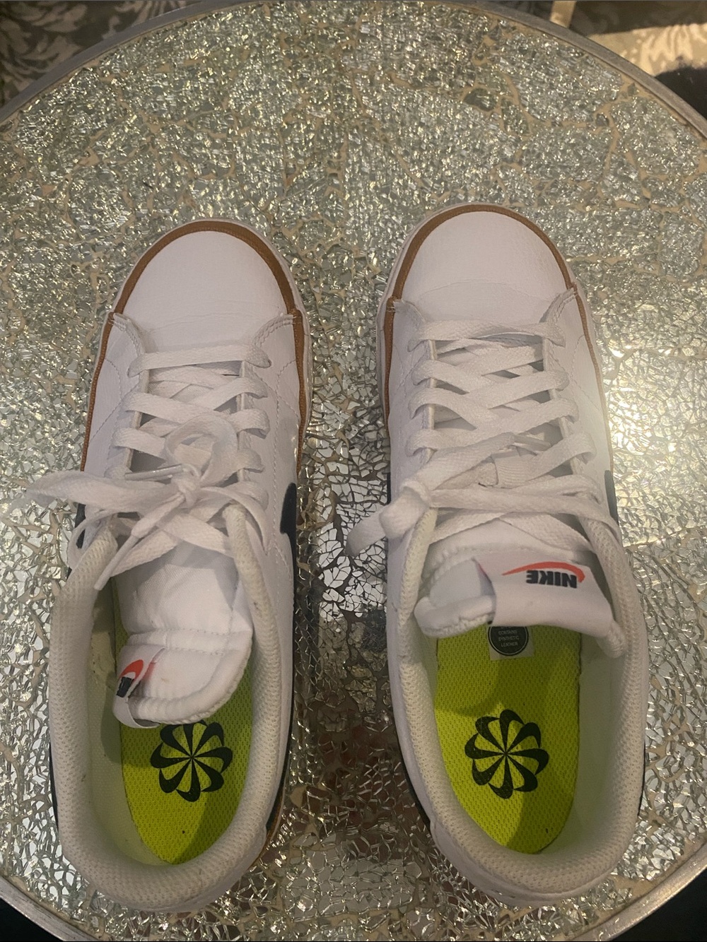 Nike Womens White Sneakers with Black Swoosh and Brown Trim - Picture 6 of 7